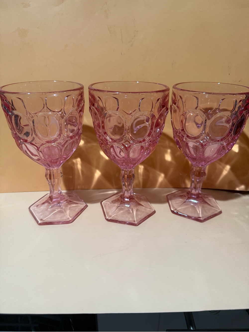 Vintage Fostoria Pink Pressed Glass Goblet - Set of 3